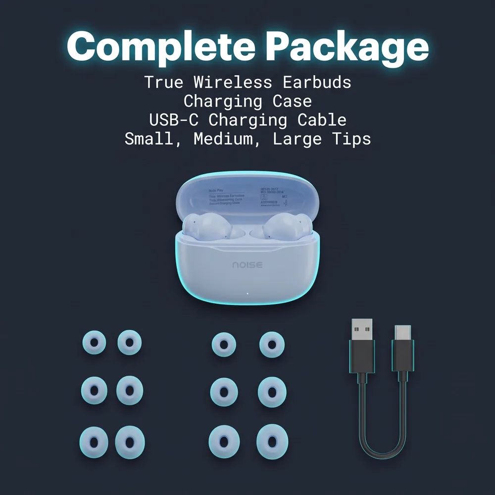 Earbuds, case, ear tips and USB-C cable laid out, headline Complete Package