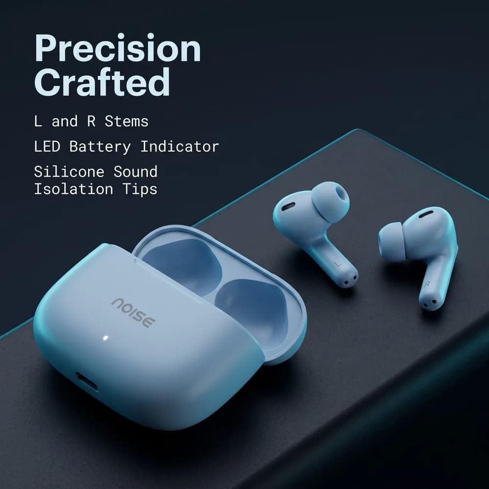 The open case and both earbuds up close, headline Precision Crafted