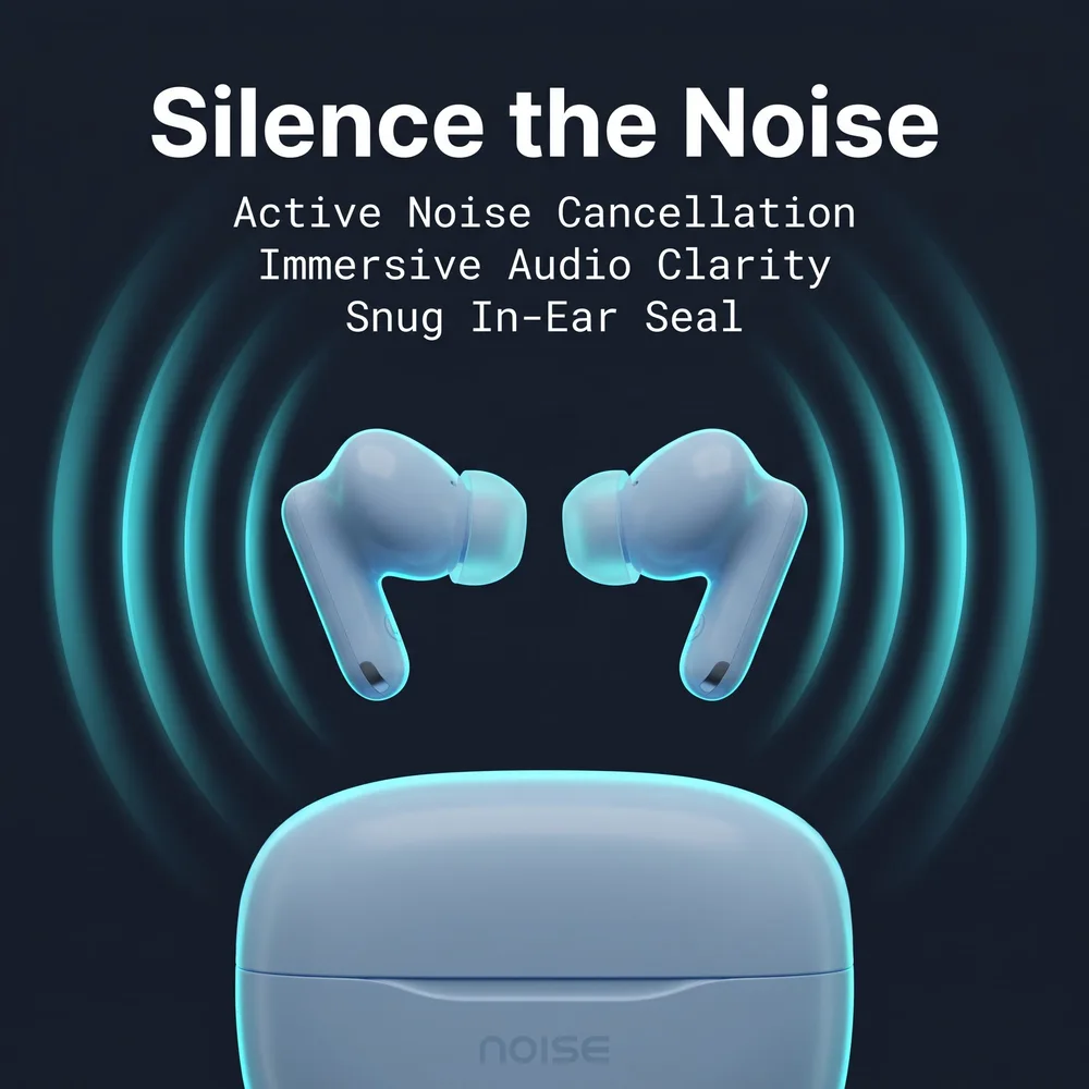 The earbuds floating above the case with sound waves and the headline Silence the Noise