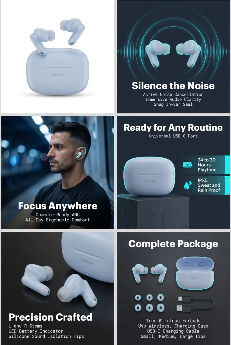 Six dark slides of the sky blue earbuds with glowing teal headlines