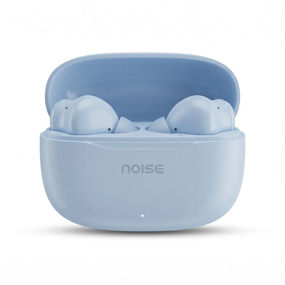 The open sky blue earbuds case on a pure white background