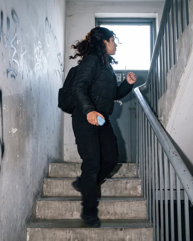 She walks up the stairwell, the case in her hand