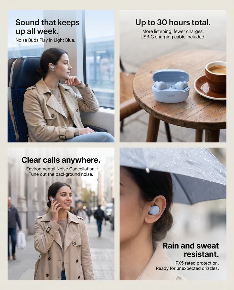 Four slides of a woman wearing the earbuds on a train, in a café and on a rainy street