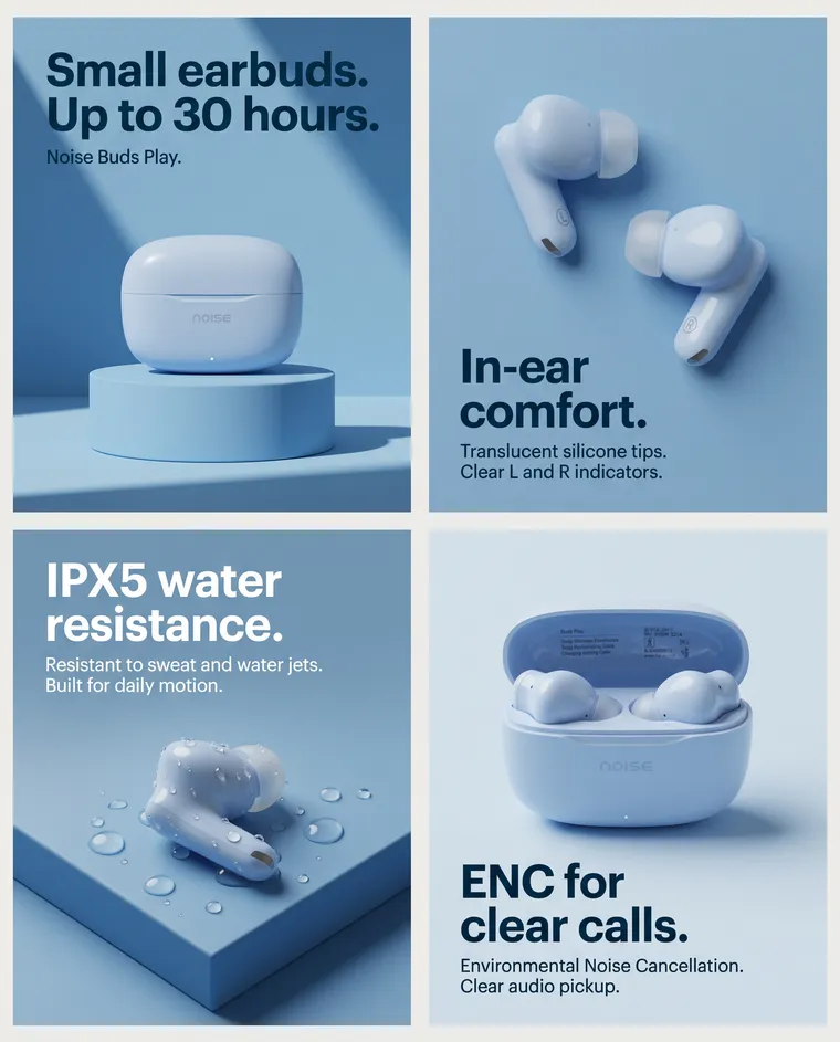 Four light blue studio slides of the earbuds and case on plinths with bold headlines