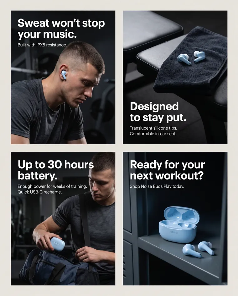 Four dark gym slides of a man training with the earbuds