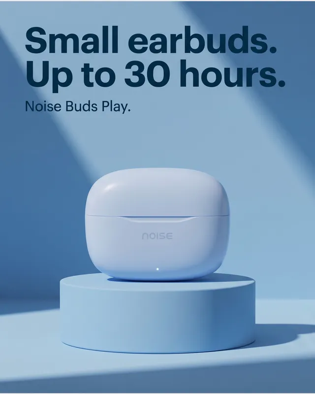 The closed earbuds case on a light blue plinth, headline Small earbuds. Up to 30 hours.