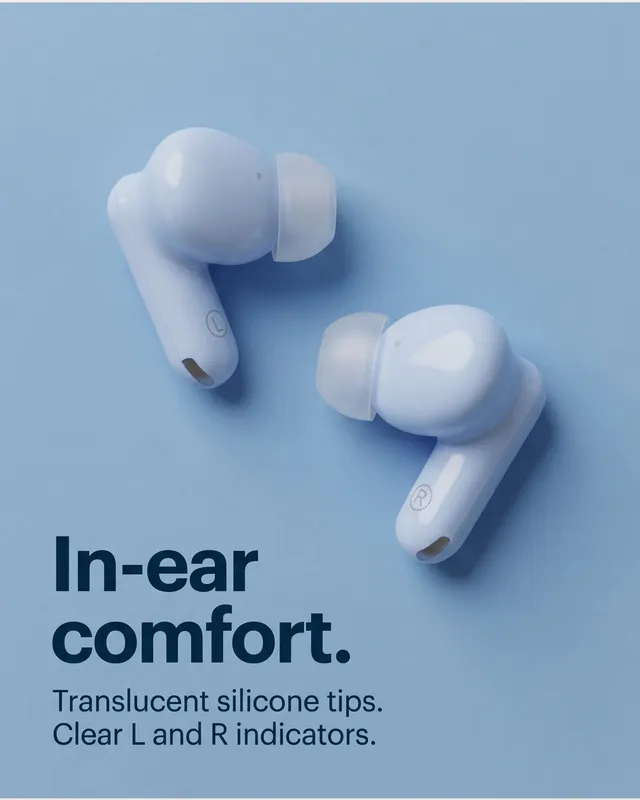 Both earbuds on light blue, headline In-ear comfort