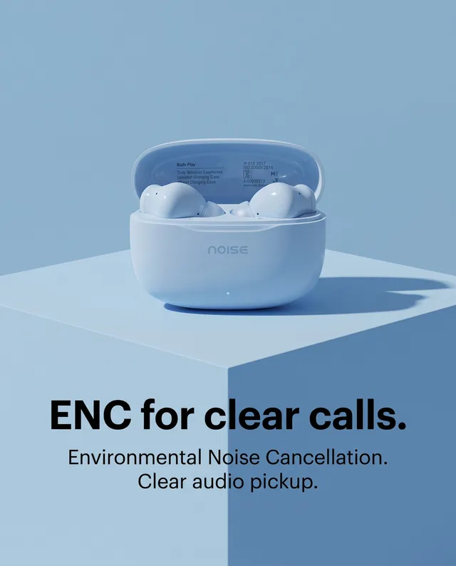 The open case with both earbuds on a blue cube, headline ENC for clear calls