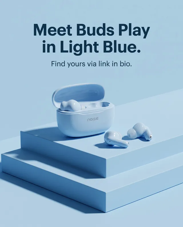 The case and earbuds on blue steps, headline Meet Buds Play in Light Blue
